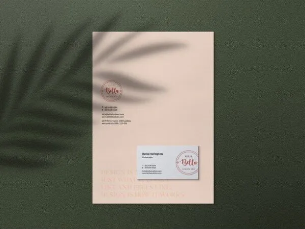 Stationery Mockup of Letterhead and Business Card with Shadow Overlay 1