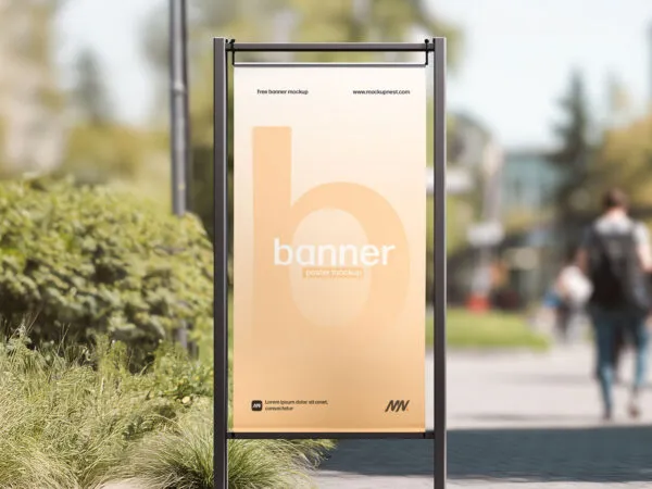Street Hanging Banner Mockup on Modern Outdoor Walkway 1
