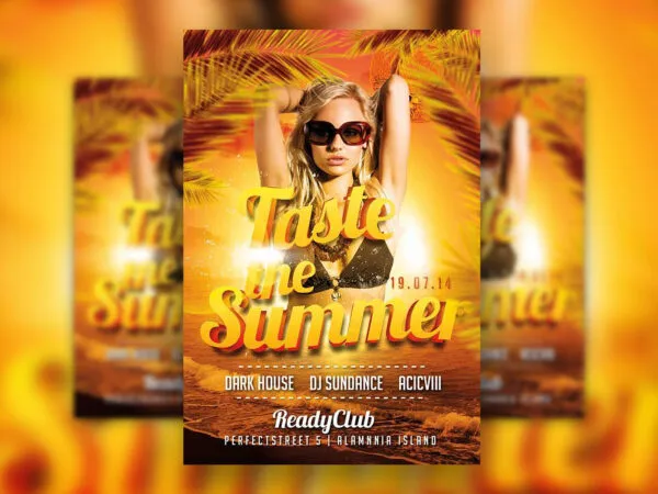 Summer Event Flyer on Sunset Background with Palm Leaves 1