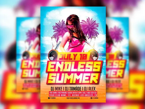 Summer Party Flyer Template Featuring Beach Trees Bottles and Speakers 1