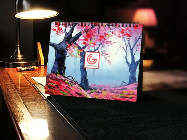 Table Calendar on Wooden Work Desk Mockup 1