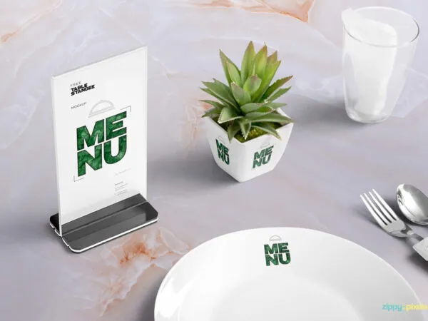 Table Menu Standee Mockup Scene with Plant Glass and Plate 1