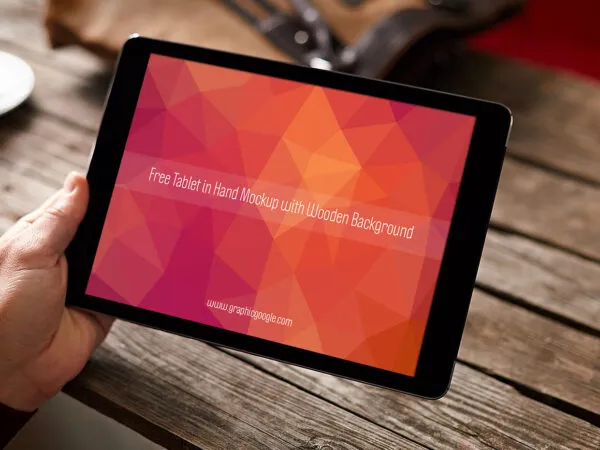 Tablet Hand Mockup Wooden Blurred Background 1