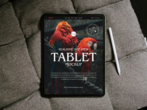 Tablet Placed on the Sofa in Top View Mockup 1