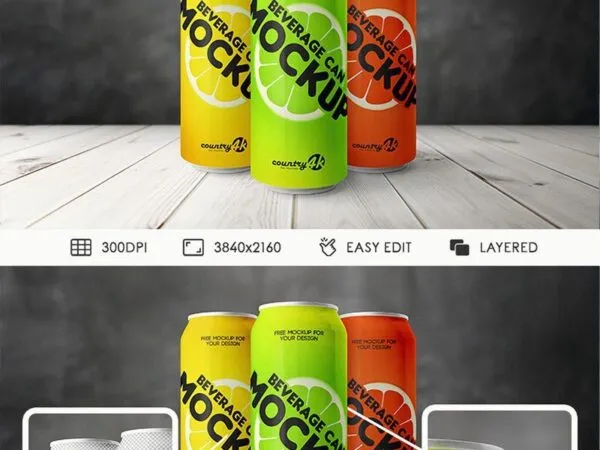 Three Beverage Cans on a Table Mockup 1