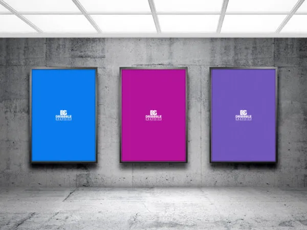 Three Billboards on Concrete Wall in Indoor Setting Mockup 1