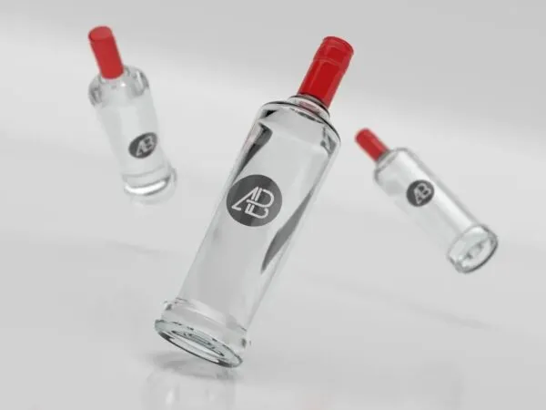 Three Floating Vodka Bottles Wearing Red Caps Mockup 1