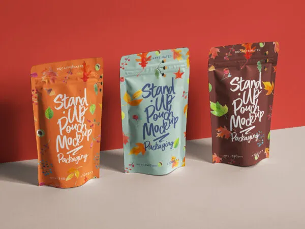 Three Isometric Stand Up Pouch Packs Mockup Set 1