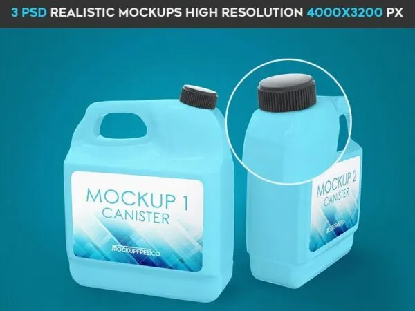 Three Mockups Featuring Plastic Canister from Different Views 1