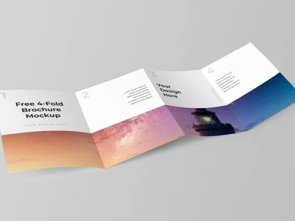 Three Mockups Showing Opened Portrait and Landscape Four fold A6 Leaflet 1