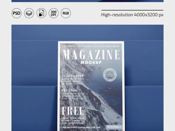 Three Mockups Showing Overhead Front and Perspective Views of Magazines 1