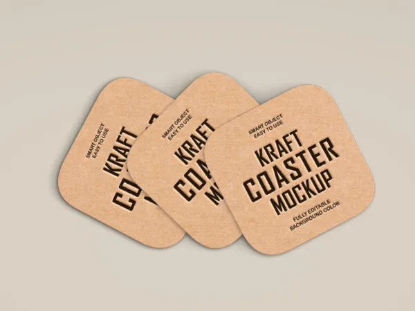 Three Rounded Square Kraft Coasters in Top View Mockup 1