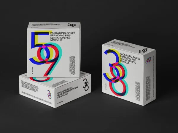 Three Square Packaging Box in Dark Environment Mockup 1