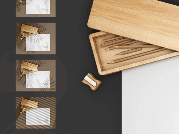 Three Stationary Scene with Wooden Items Mock Ups 1