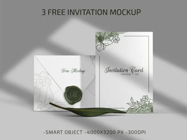 Three Top View Invitation Card and Envelope Mockups with Overlaid Shadows 1