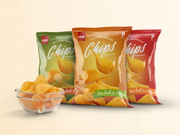 Three Vertical Chips Bags Packaging with a Bowl Mockup 1