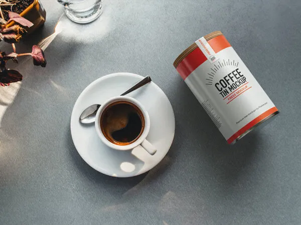 Top Scene of Coffee Tin Can Mockup with Cup 1