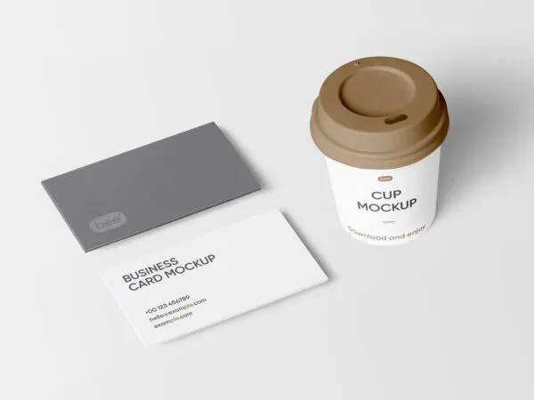 Top Side View of Business Cards Mockup and Coffee Cup 1