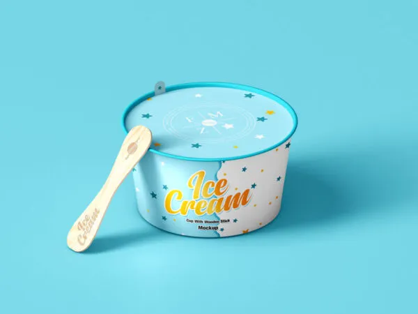 Top Side View of Ice Cream Cup with Wooden Stick Mockup 1
