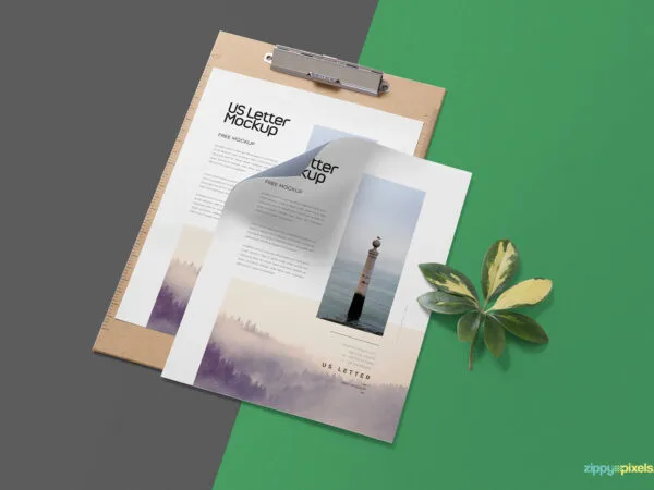 Top Side View of Letterheads and Clipboard Mockup 1