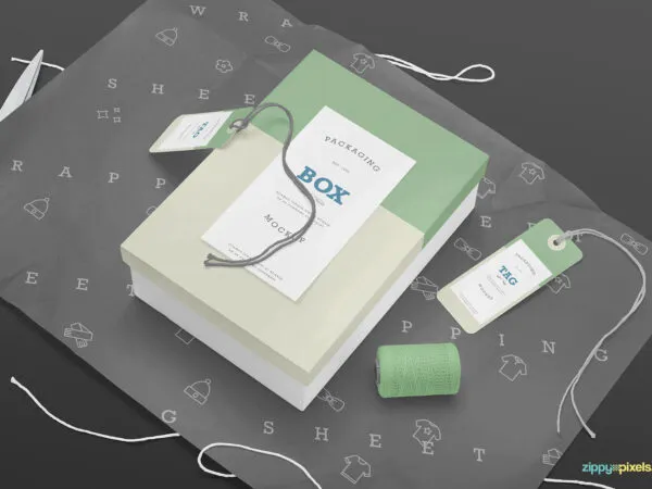 Top Side View of Rectangle Box Packaging and Label Tags Mockup 1
