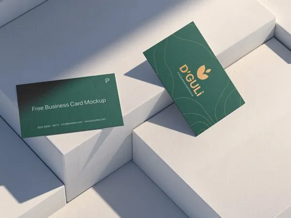 Top Side View of Two Textured Business Cards Mockup 1
