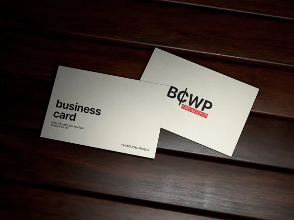 Top Sight of 2 business Cards Mockup on Wood Panels 1