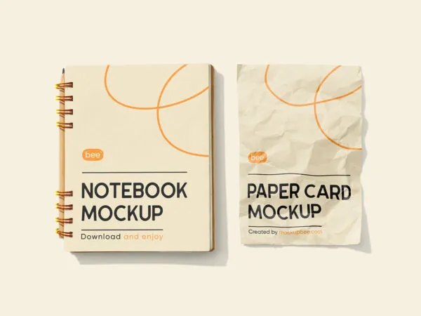 Top Sight of Notebook Mockup With Paper Card 1