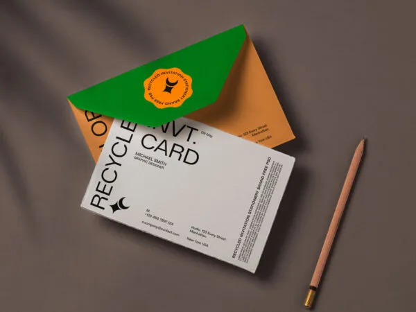 Top Sight of Recycled Invitation Card Mockup with Pencil 1