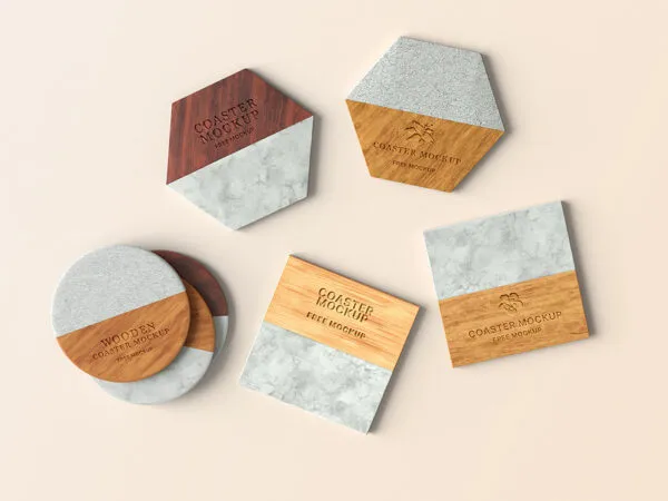 Top Sight of Square Round Hexagonal Wooden Coaster Mockup 1