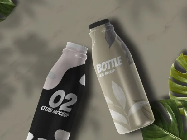 Top View 2 Bottles on Floor Mockup with Leaves 1