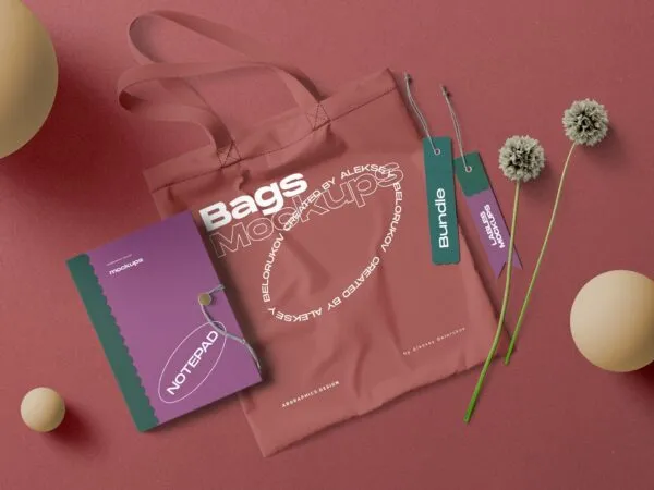 Top View Bag and Notebook Mockup with Tags Flowers and Balls 1