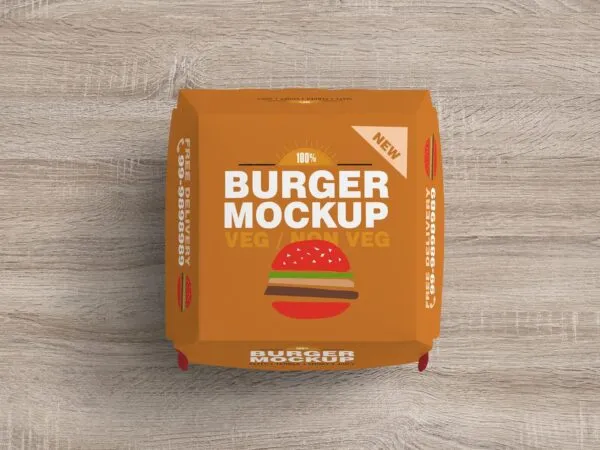 Top View Burger Box Mockup on Wooden Surface 1