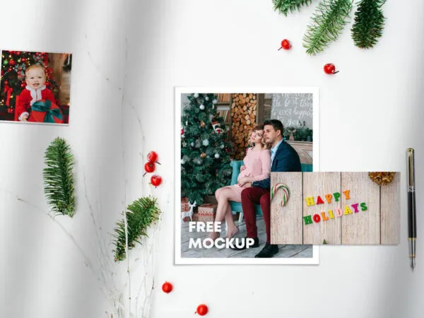Top View Christmas Cards Mockup with Decorative Elements 1