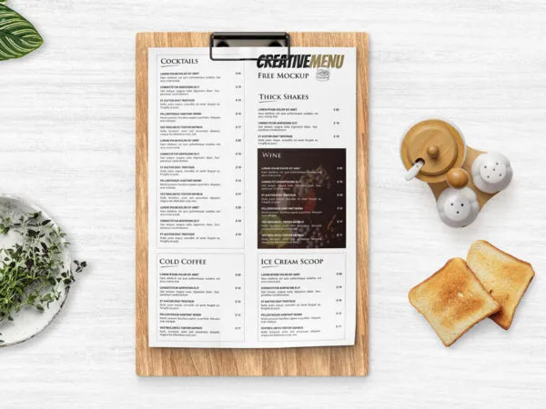 Top View Clipboard with Restaurant Menu on Table Mockup Scene 1