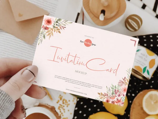 Top View Close up Shot Girl Showing Invitation Card Mockup 1