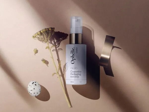 Top View Cosmetics Bottle Mockup with Flower 1