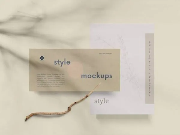 Top View Envelope and A4 Letterhead Mockup with Tree Stick 1