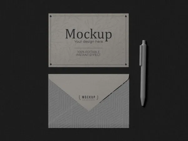 Top View Envelope and Invitation Card Mockup with Pen 1
