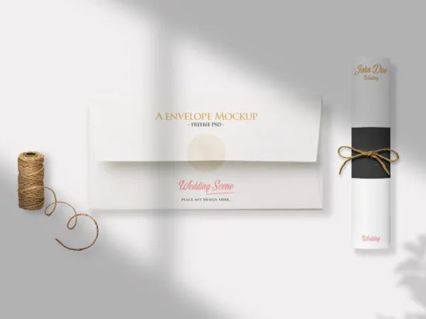 Top View Envelope and Scroll Invitation Card Scene Mockup 1