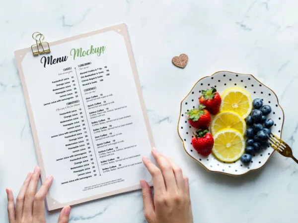 Top View Food Menu Mockup with Fruit Plate on Marble 1