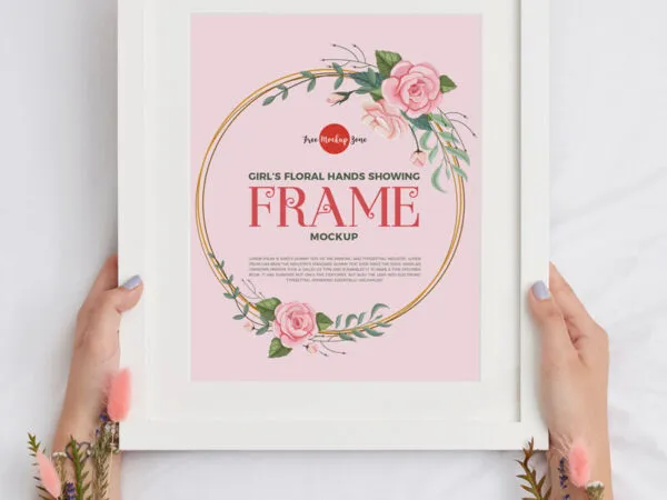 Top View Girl Showing Frame in Her Floral Hands Mockup 1