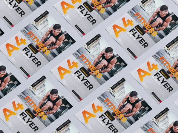 Top View Grid Style A4 Flyers on Floor Mockup 1