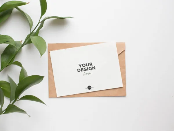 Top View Invitation Card on Envelope Mockup with Plant 1