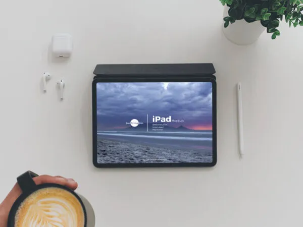 Top View Landscape iPad on Table Mockup 1