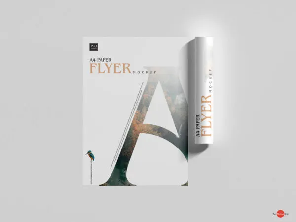 Top View Mockup of Two A4 Flyers Flat and Rolled 1
