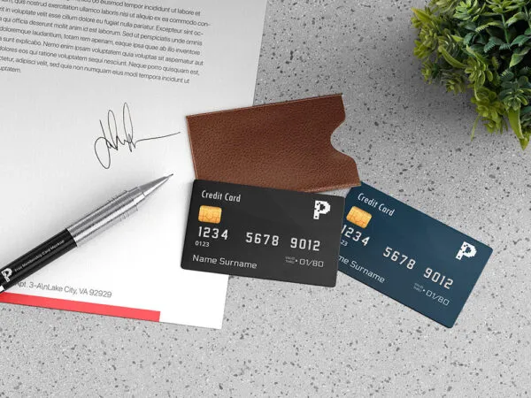 Top View Mockup of Two Credit Cards with Leather Holder 1