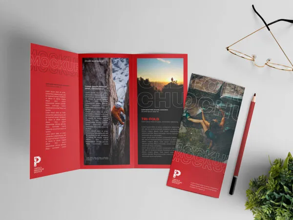 Top View Mockup of Two Tri fold Brochures Open and Closed 1