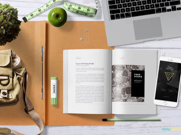 Top View Open Book Mockup Scene with Smartphone and Plant 1