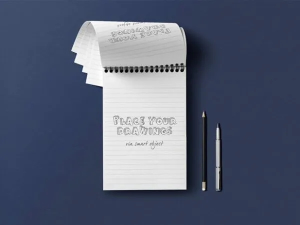 Top View Open Ringed Notepad Mockup with Pencil and Pen 1
